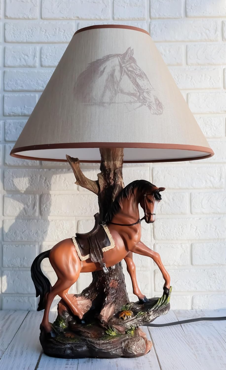 Ebros Equestrian Beauty Western Cowboy Chestnut Brown Horse Stallion with Saddle Strolling by Tree Outpost Desktop Side Table Lamp with Printed Silhouette Shade Rustic Home Decor Lighting Accent