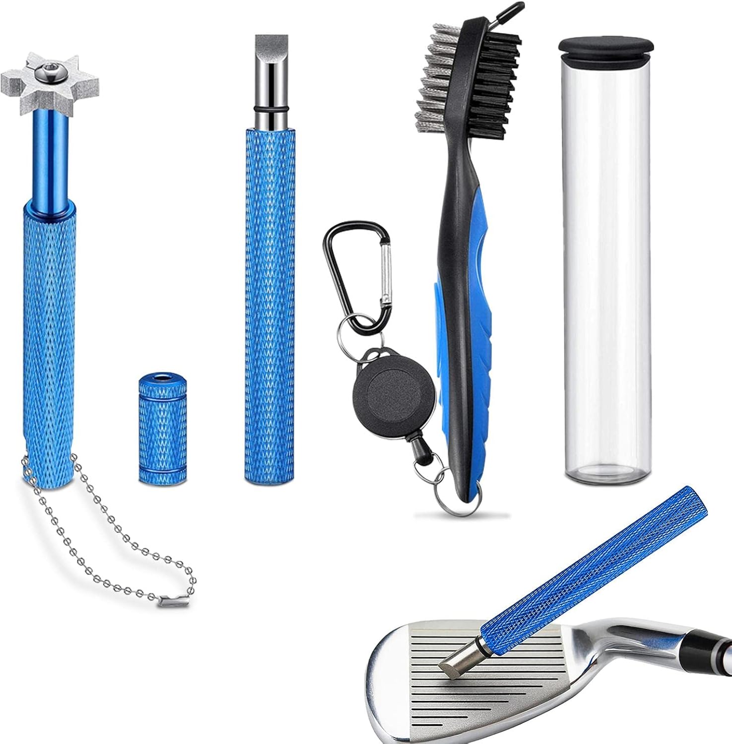 ゴルフクリーニングキット 耐久性のあるゴルフクリーニングキット ゴルフアクセサリー ワイヤー ナイロン2ヘッドリトラクタブルゴルフクラブブラシ 2ゴルフグルーブシャープニングツール ブルー Yangjing 受注生産品