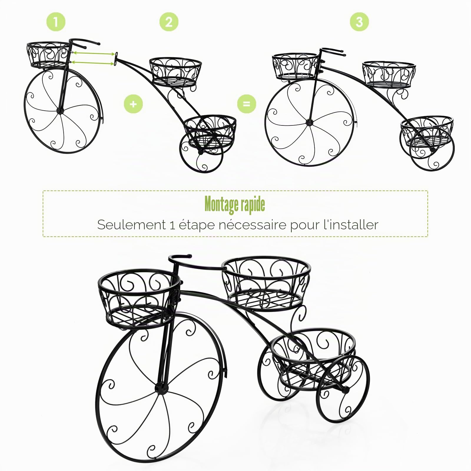 HOMASIS Support de fleurs en forme de vélo, escalier de plantes en métal avec 3 niveaux, escalier de plantes style vintage pour jardin, balcon, bureau, étagère à fleurs 80x25x52cm (Noir)