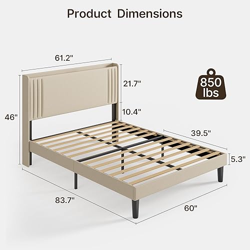 Miniatura 58 de Gizoon Base de cama Queen con cabecera de ala, plataforma tapizada con cabecera geométrica moderna, listones de madera, sin ruido, no necesita