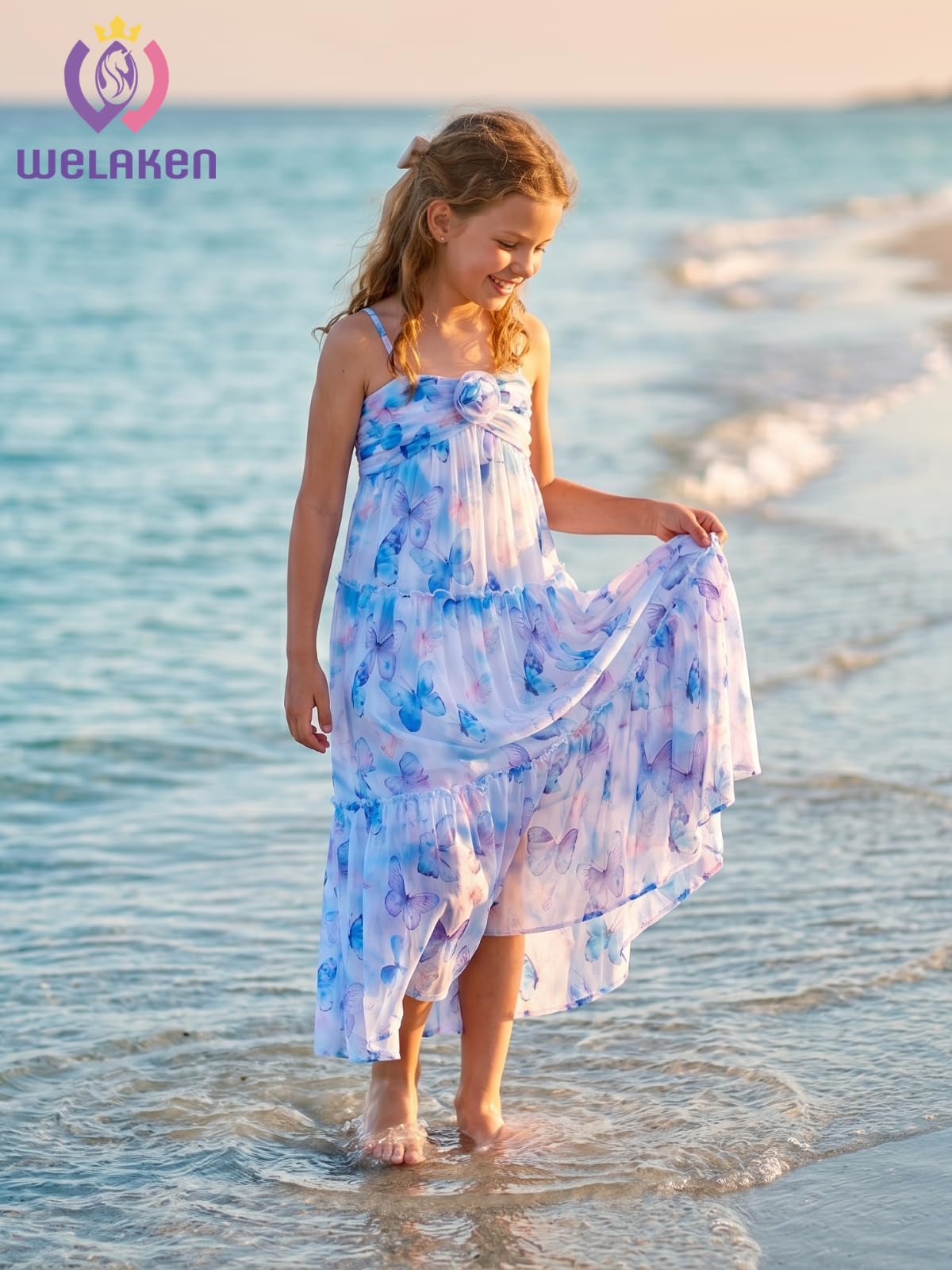 WELAKEN Kleid für Kinder, Mädchen, Blumenmuster, fließend, Sommer, Chiffon, Spaghettiträger, Rüschen, Sommerkleid