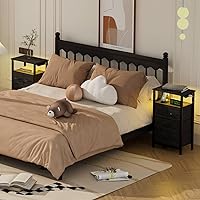 Vista 2 de Furnulem Tall Night Stand with Charging Station and Led Light, Small Dresser with Open Shelf and 4 Storage Drawers, Black Side Table Fabric