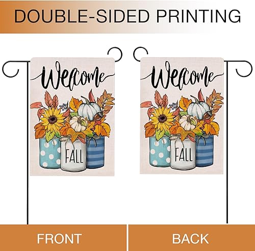 Miniatura 4 de Hzppyz Bandera de jardín de calabaza de bienvenida de doble cara, hojas de girasol de cosecha de otoño, granja, decoración pequeña para patio al
