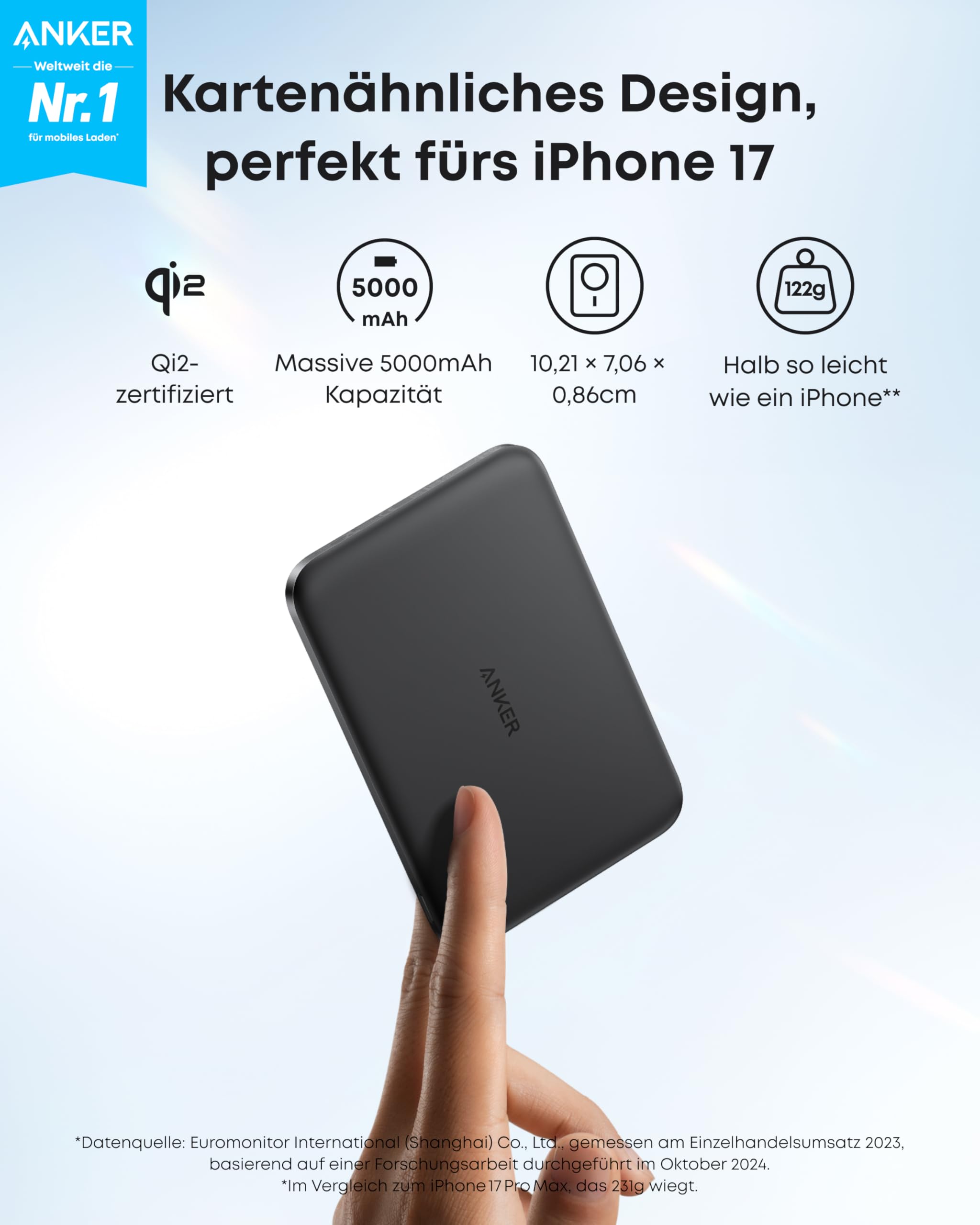 Anker Nano Powerbank, Ultraschlanke 5000mAh Magnet-Powerbank, Qi2-zertifiziert, 15W Max ultraschnelles Laden, MagSafe-kompatibel, tragbares Ladegerät, Ergonomisches Design, Für iPhone 17/16/15/14/13