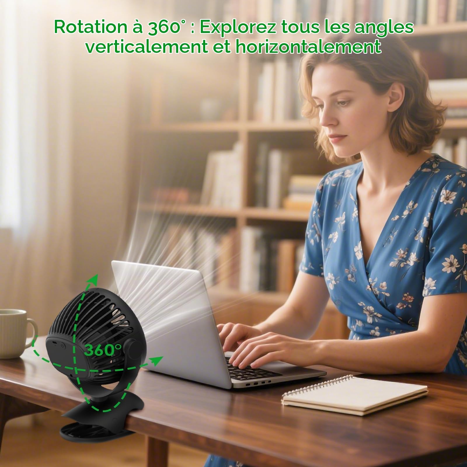 Minthouz Ventilateur à Pince avec Clip, Ventilateur USB Rechargeable 8000mAh, 4 Vitesses, Rotation 360°, Longue Autonomie Silencieux, Mini Portable pour Bureau Camping Poussette Maison