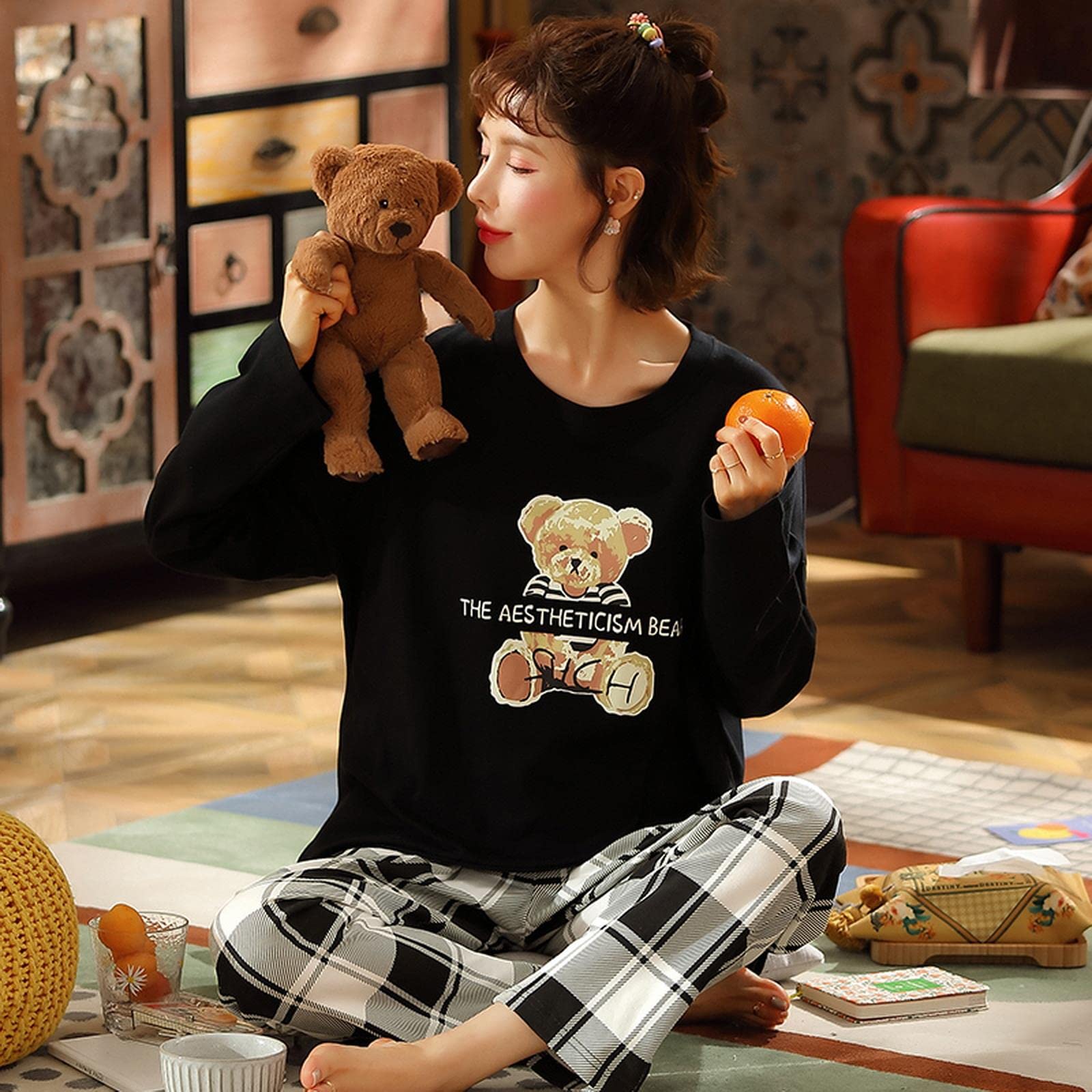 MOGSA Pijama para mujer, conjunto de pijama suave, ropa de dormir para otoño, invierno, manga larga, estampado de dibujos animados, ropa de dormir para mujer