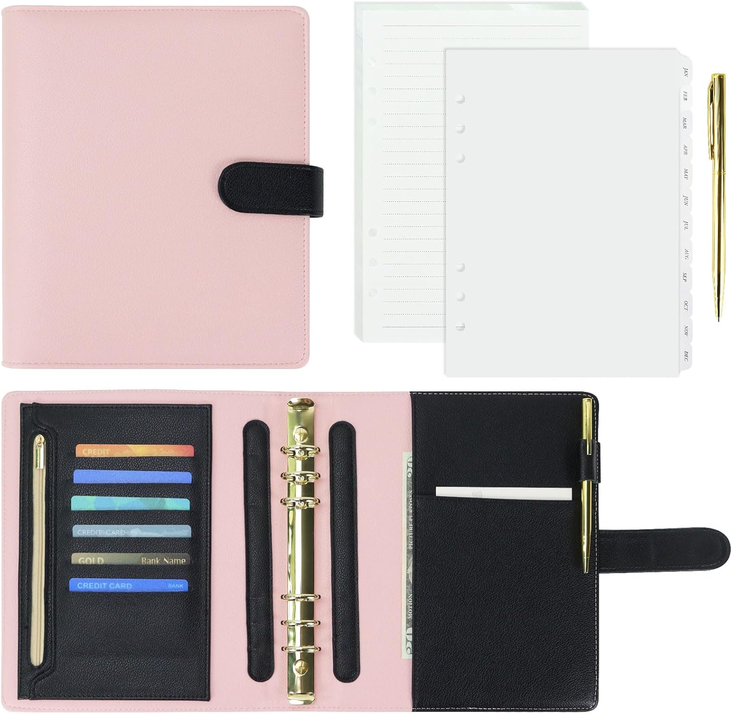Koqye A5 Leather Binder Cover - Refillable 6-Ring Planner Organizer with Refill Paper, Dividers, Gold Pen, Leather Travel Journal Notebook Cover