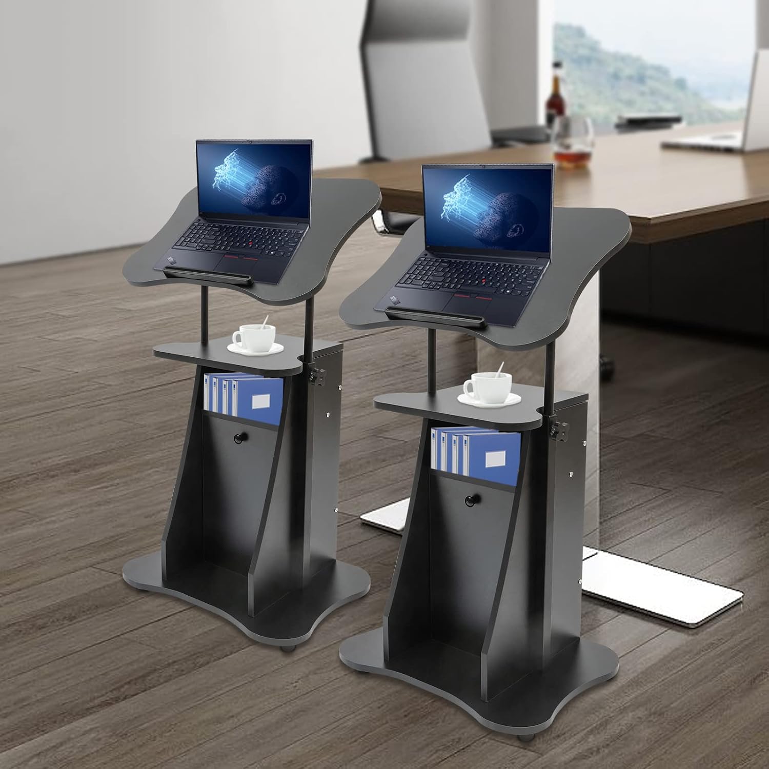 2*Adjustable Height Laptop Cart Portable Sit-to-Stand Desk with Storage Cabinet Door, Black, Adjustment Height (0-17.32in), for Schools, Offices, Classrooms, Homes, Conference Rooms