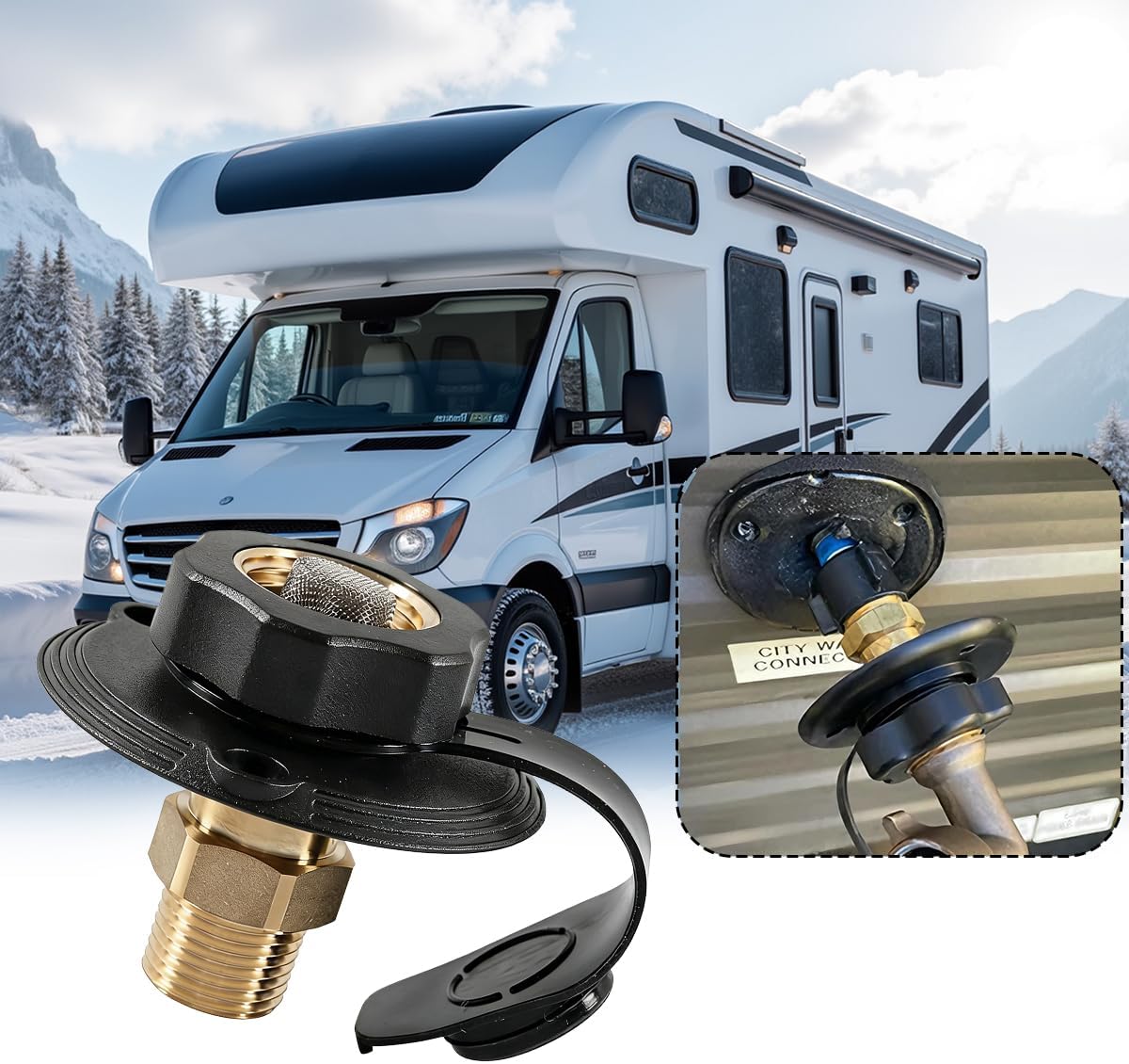 RV City Water Inlet with Check Valve, 3/4'' NH Female to 1/2" NPT Male Brass Motorhome Water Fill Inlet Connection, Camper Liquid Hose Connector, Universal for Trailer Camper RV (Black)