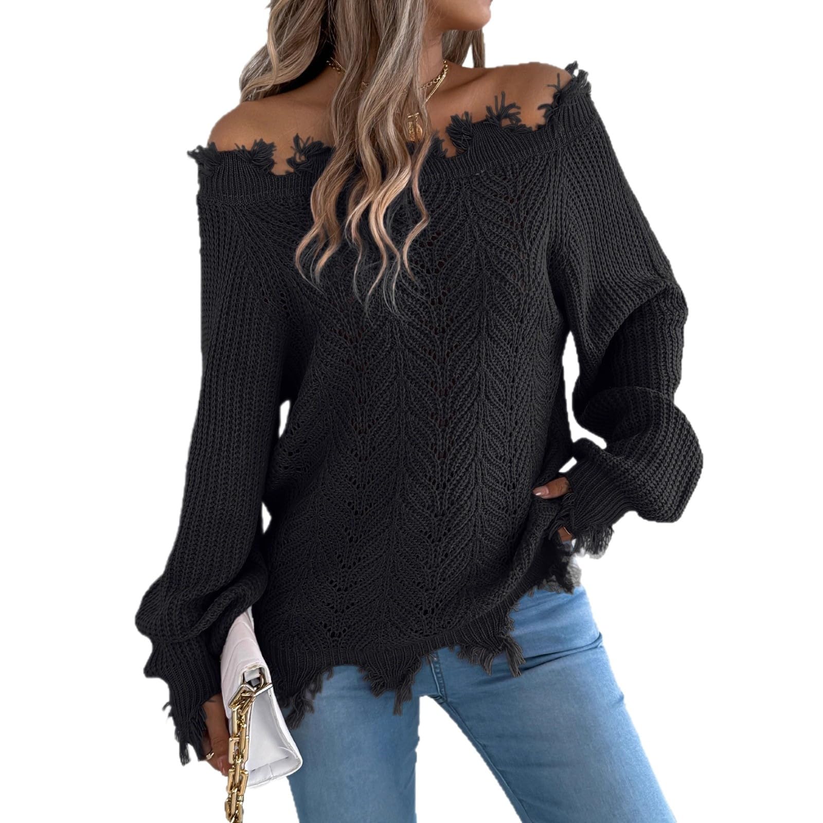 KIRYU Maglione da donna pigro a maniche lunghe Top Off The Spalle allentate Pullover Maglioni Maglia Girocollo Elegante Quotidiano