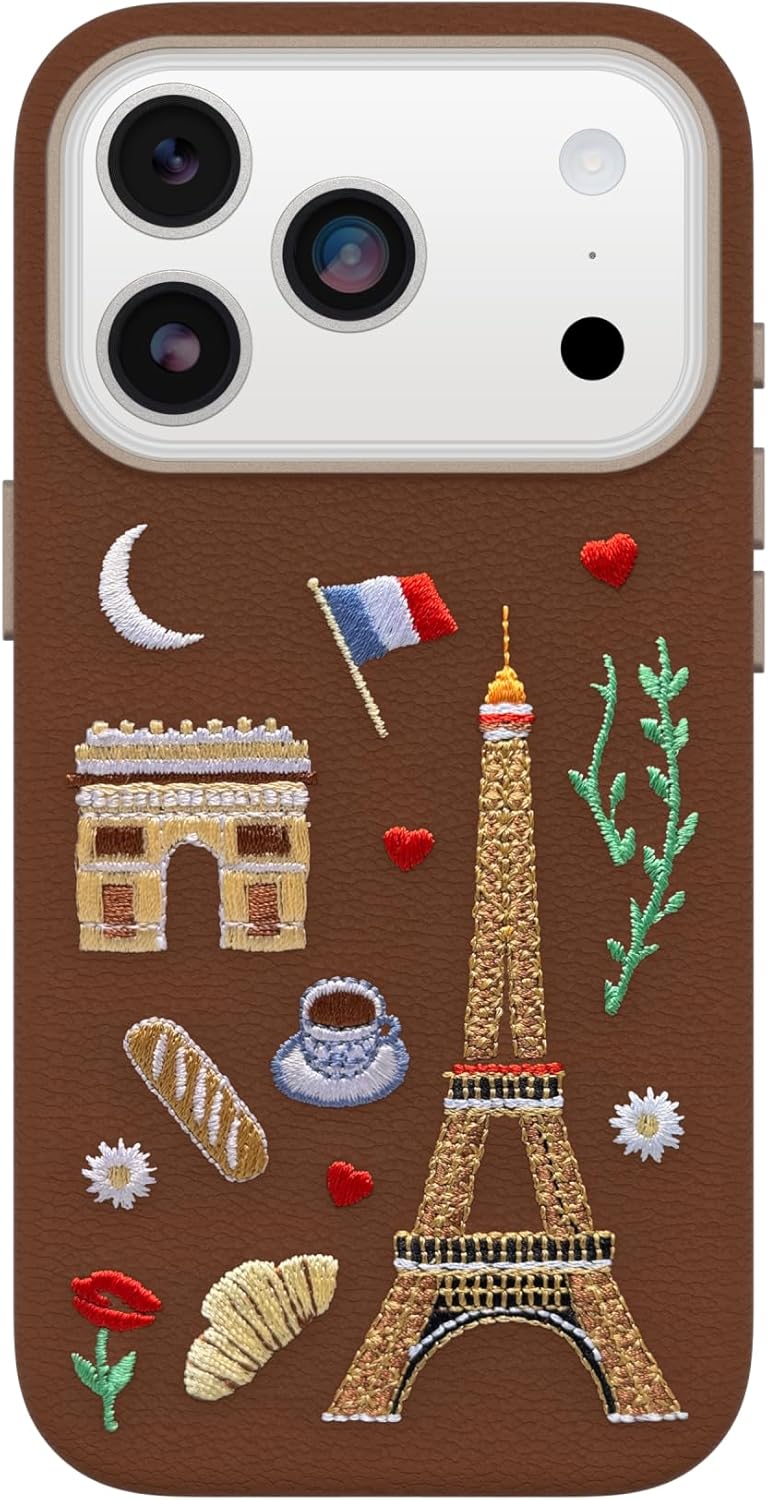 OtterBox iPhone 17 Pro Symmetry Series Cactus Leather Embroidery Case - City of Love - Brown - Textured, Embroidered Paris Artistic iPhone Case