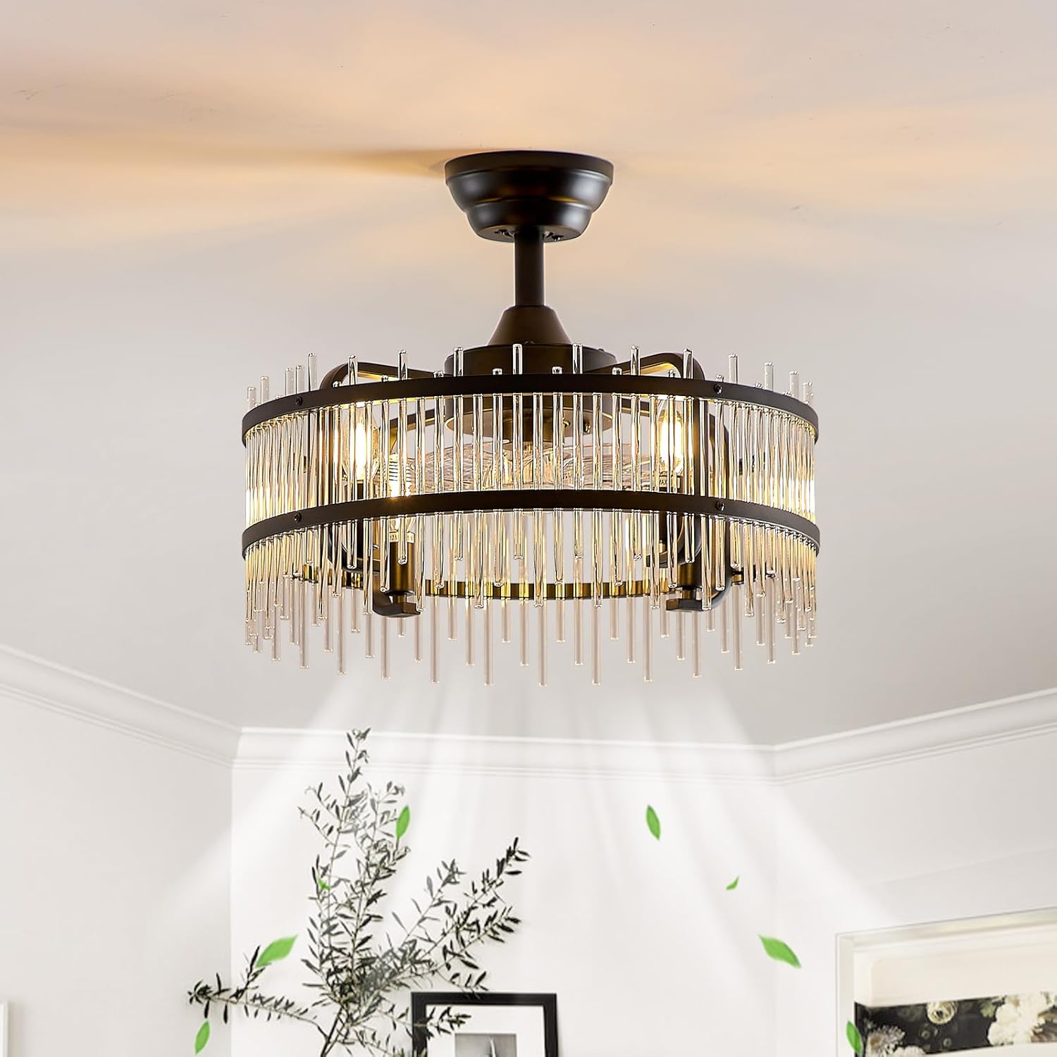 Black Crystal Fandelier Ceiling Fan with Light, 19.7 Inch Bladeless Enclosed Fan Chandelier, 6 Speed Quiet DC Motor with Remote/APP Control, for Bedroom Living Room Small Space