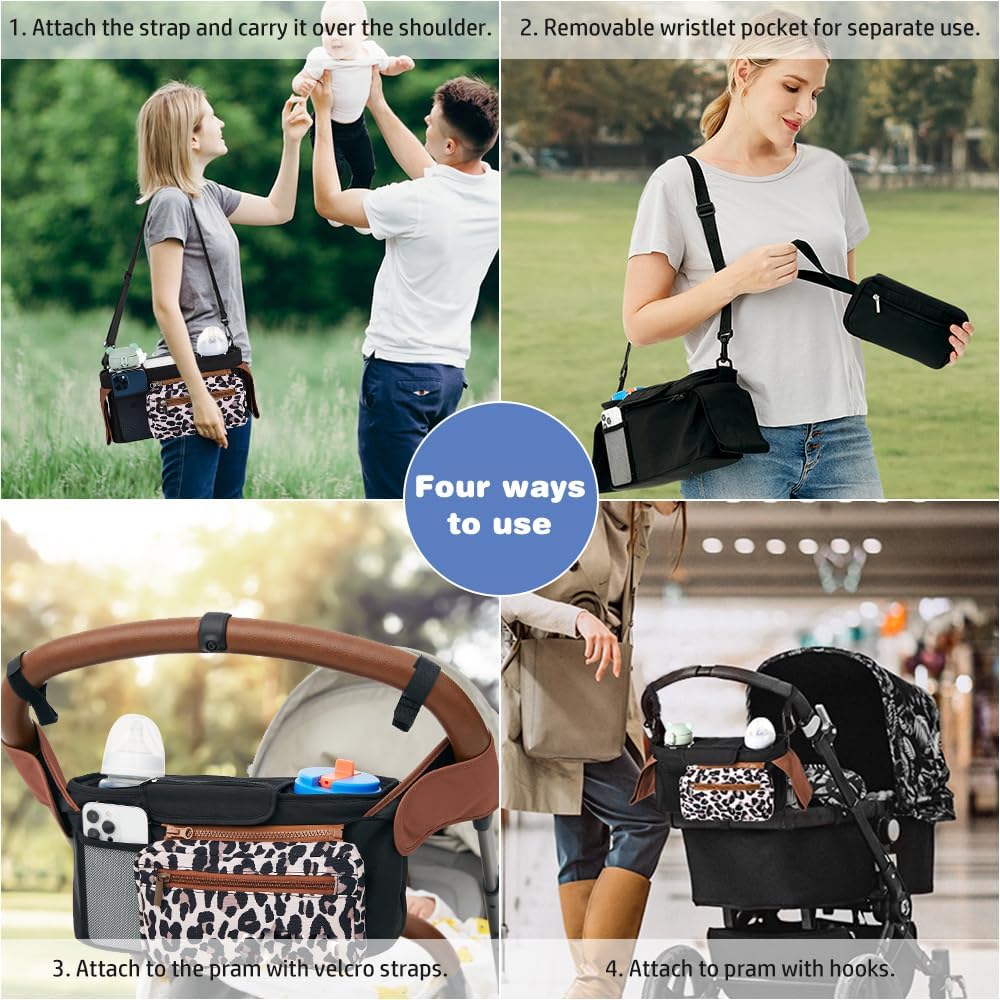 Baby Stroller Organizer, Universal Stroller Organizer with Detachable Phone Bag, Stroller Caddy with 2 Insulated Cup Holders, Buggy Organizer Bag with 2 Hooks Fits Most Strollers (Leopard)