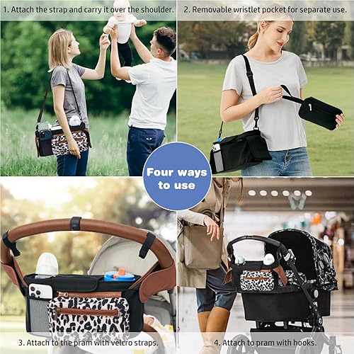 Miniatura 2 de Organizador de cochecito de bebé, organizador universal para cochecito con bolsa de teléfono desmontable, carrito de cochecito con 2 portavasos