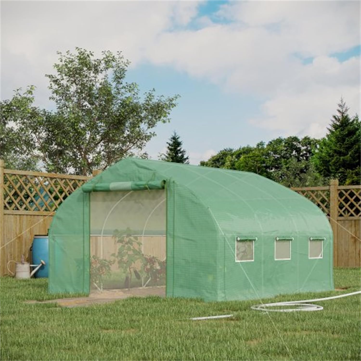 11.5' x 10' x 6.5' Walk-In Tunnel Greenhouse, Greenhouse Shed with Zippered Mesh Door, 7 Mesh Windows and Roll-Up Sidewalls, Horticultural Plant Greenhouse with Galvanized Steel Hoops, Green