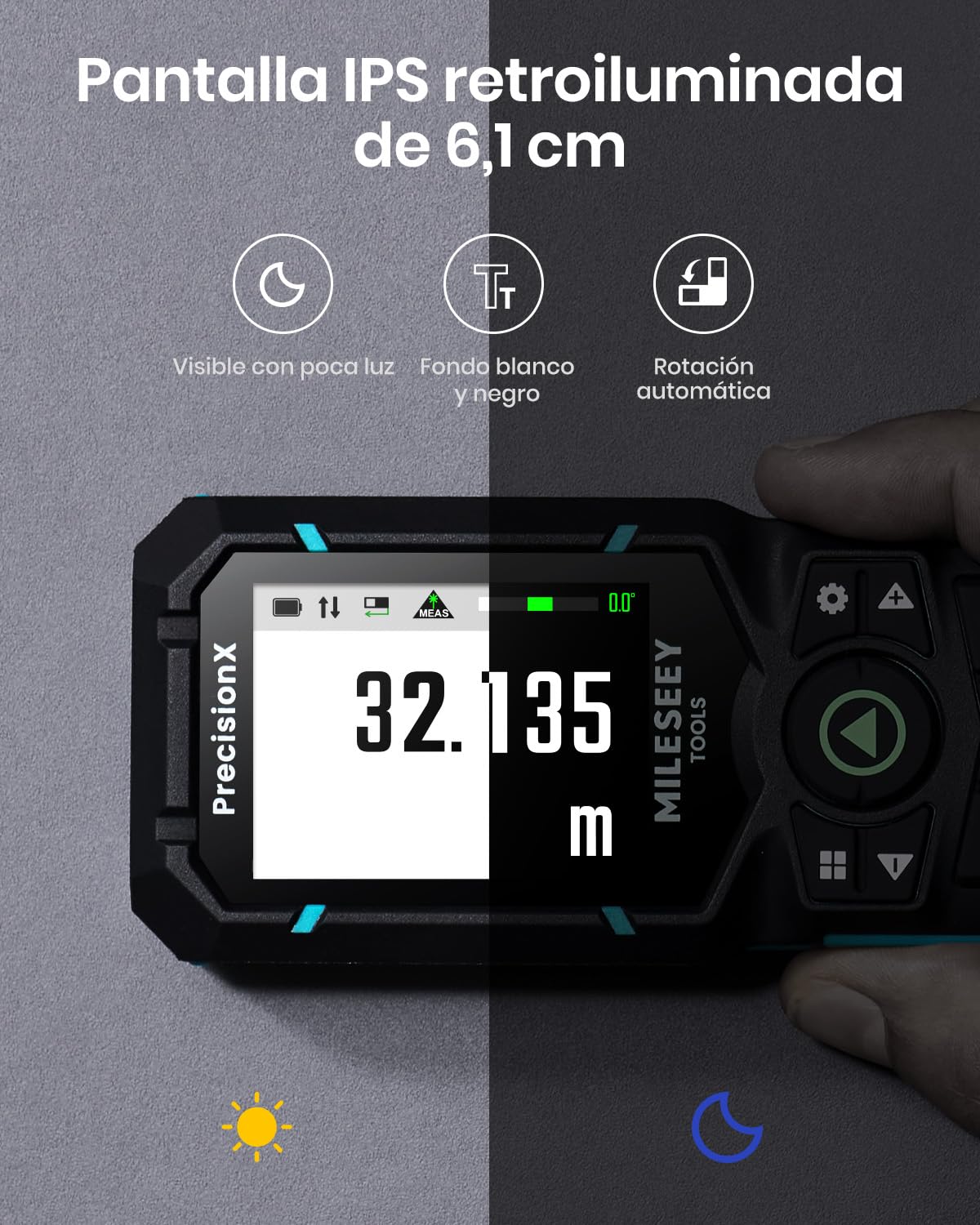 MiLESEEY S50 Metro Laser con Rayo Verde, 120 m Medidor Laser, P2P Medidor Laser Distancia, Alineación Láser Lateral, Recargable, 6,1 cm IPS-Display, Interior Exterior