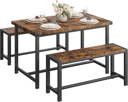 CABIHOME Dining Table Set for 4 with 2 Benches, Kitchen Table Set for 4-6 with Corner Protector, Dining Table and 2 Benches with H-Shaped Frame for Small Space, Kitchen, Apartment,Rustic Brown