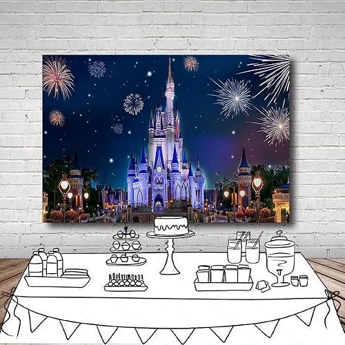Miniatura 3 de Fondo de castillo de 5 x 3 pies, fantástica vista nocturna, fuegos artificiales, fondo de castillo para niños, baby shower, mesa de pastel,