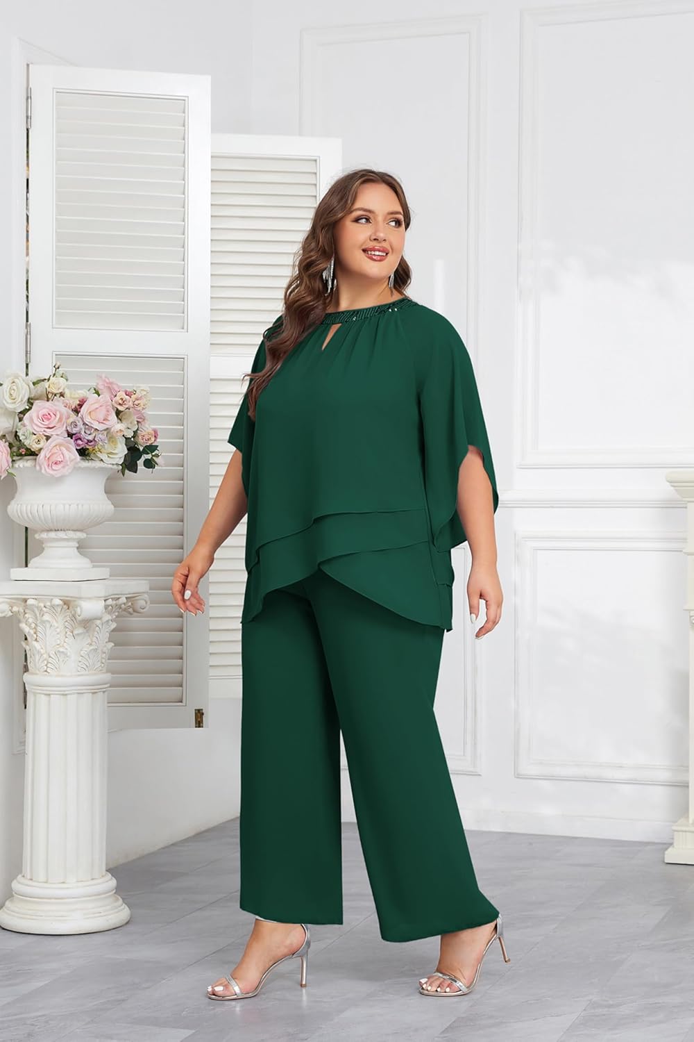 Hanna Nikole Mother of Bride Pant Suits Plus Size Half Sleeve 2 Piece Chiffon Pantsuit Formal Wedding Guest Outfit - Image 5