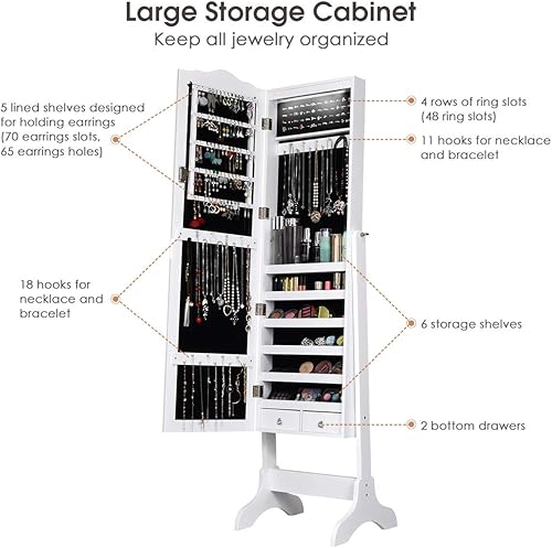 Miniatura 4 de Giantex Armario de joyería de pie con cerradura con 14 LED de encendido automático y espejo de longitud completa 14 LED de gabinete con espejo de