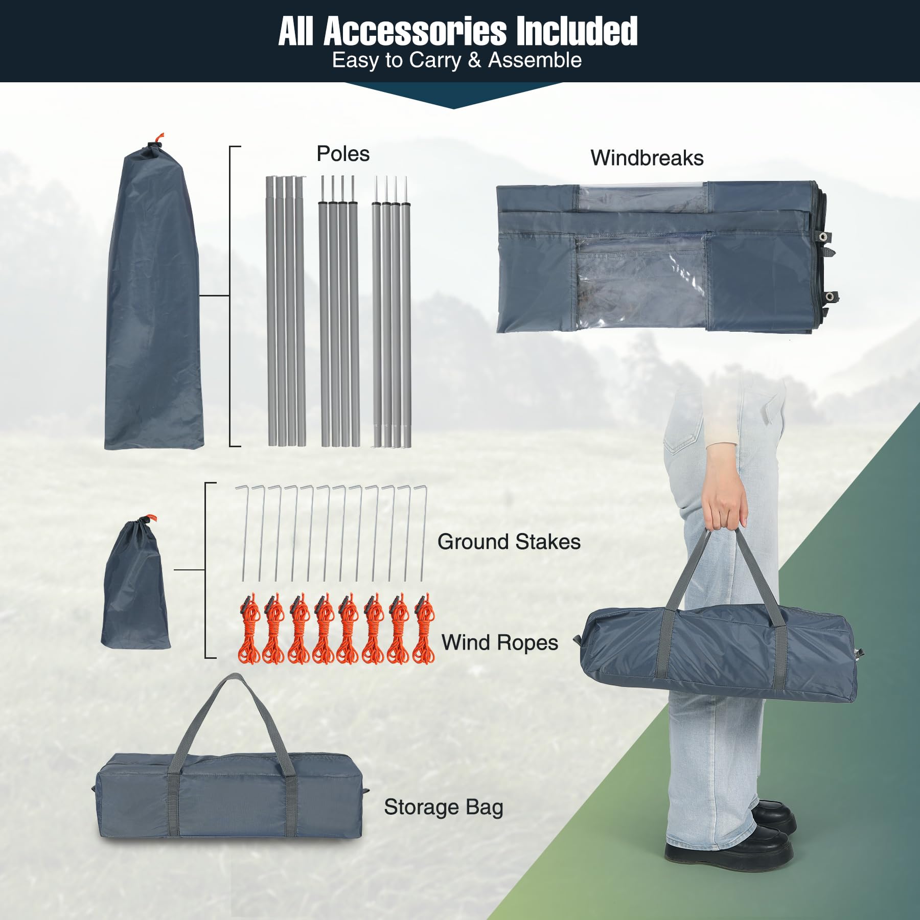 REDCAMP Windschutz für Camping, Heavy Duty Camping Sichtschutz Outdoor Caravan Privacy Shield mit Top Fenster, für Garten Barbecue Picknick Lagerfeuer Holzkohlegrills, Grau