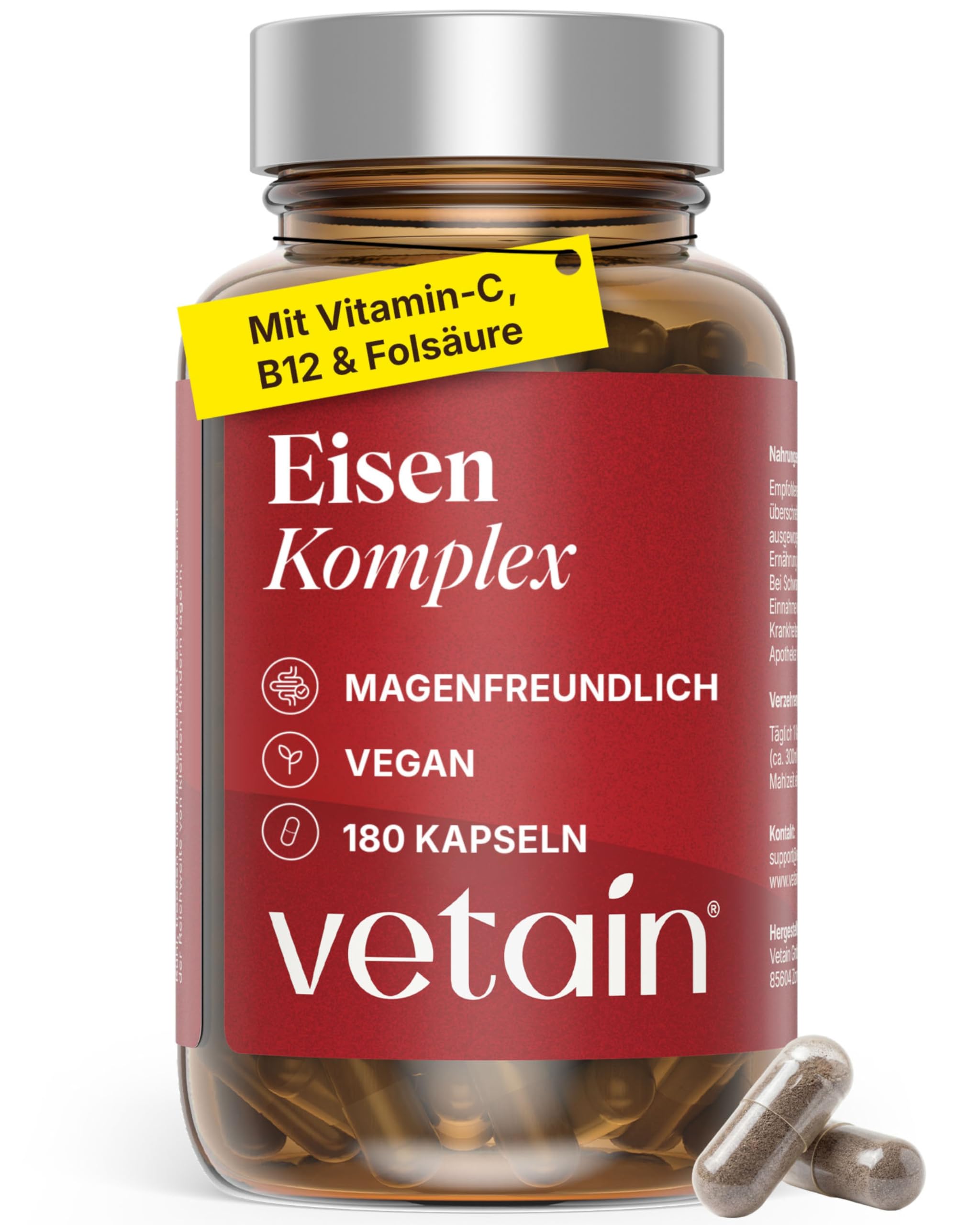 VETAIN Eisen Komplex - 180 vegane Kapseln - Mit 20mg Eisenbisglycinat, Vitamin C, Kupfer, Vitamin B6, B12 & Folsäure - Hochdosiert & ohne Zusätze - produziert & laborgeprüft in Deutschland