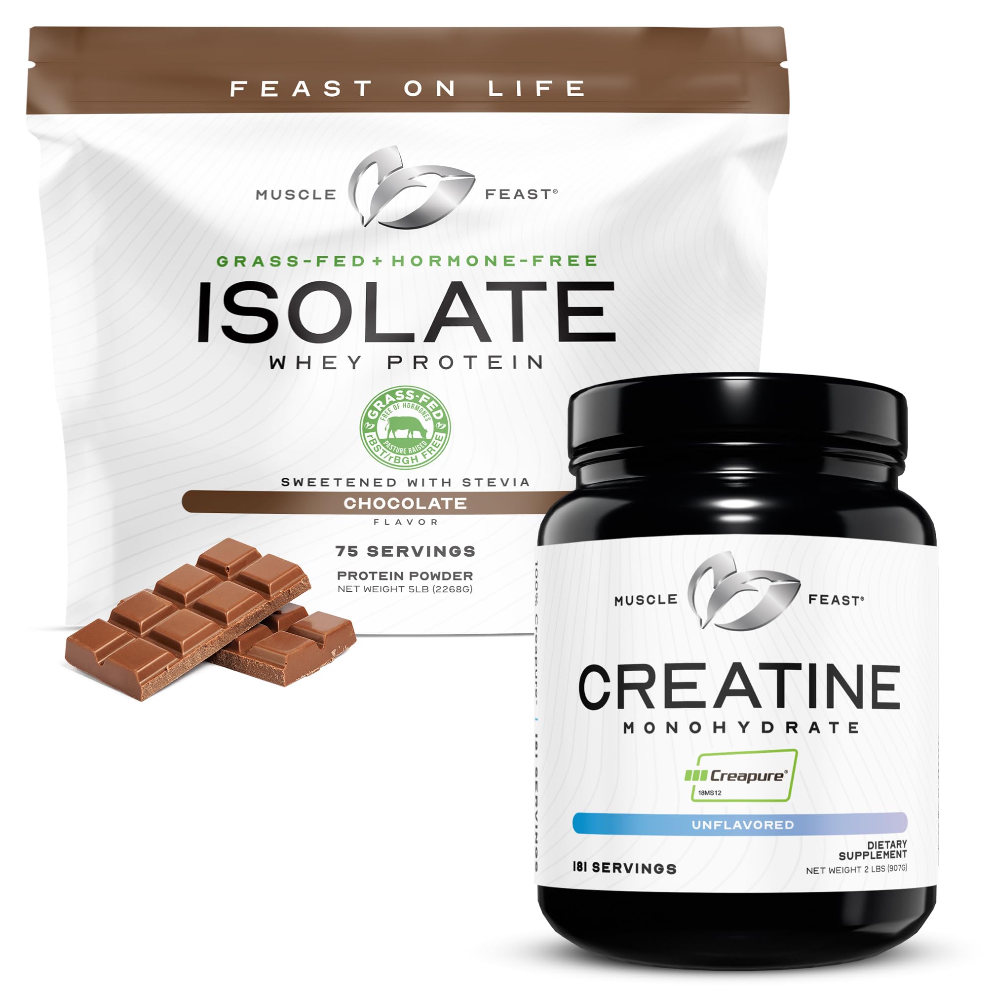 Muscle Feast Creatine + Isolate Big Bundle: 1 Creatine Powder (Unflavored, 2lb) + 1 Whey Protein Isolate (Chocolate, 5lb) | Premium Supplements, Vegetarian, Glu