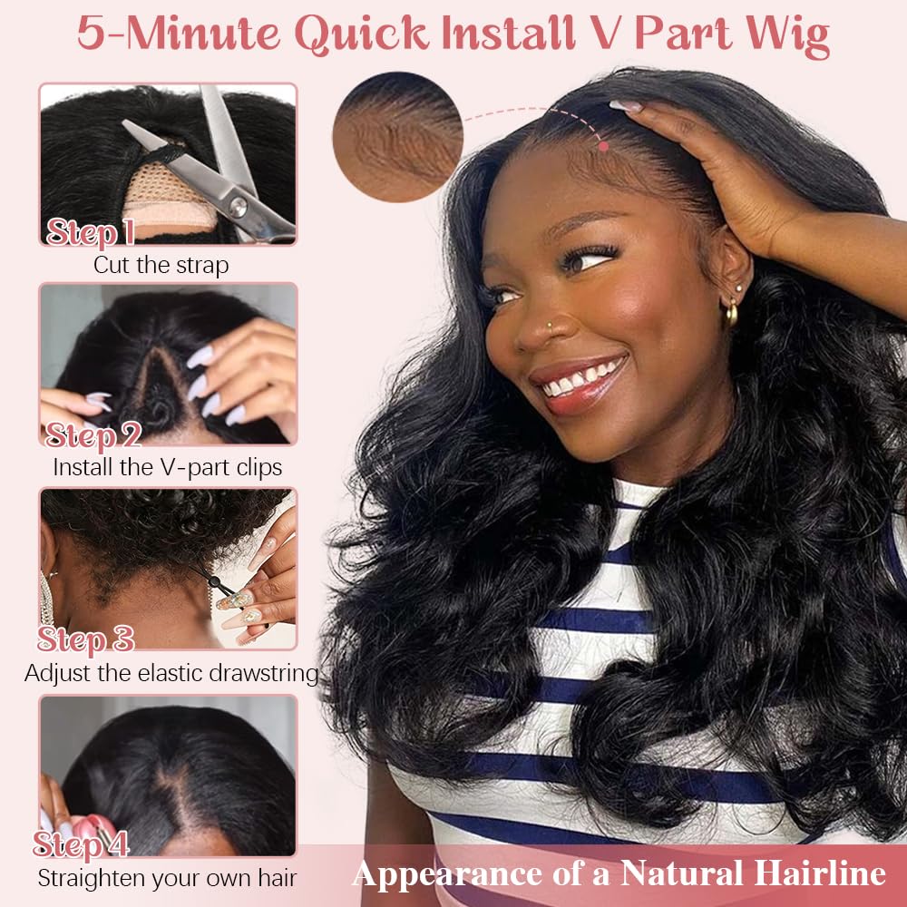 Cheetahbeauty Natural Black Human Hair V-Part Wig Body Wave