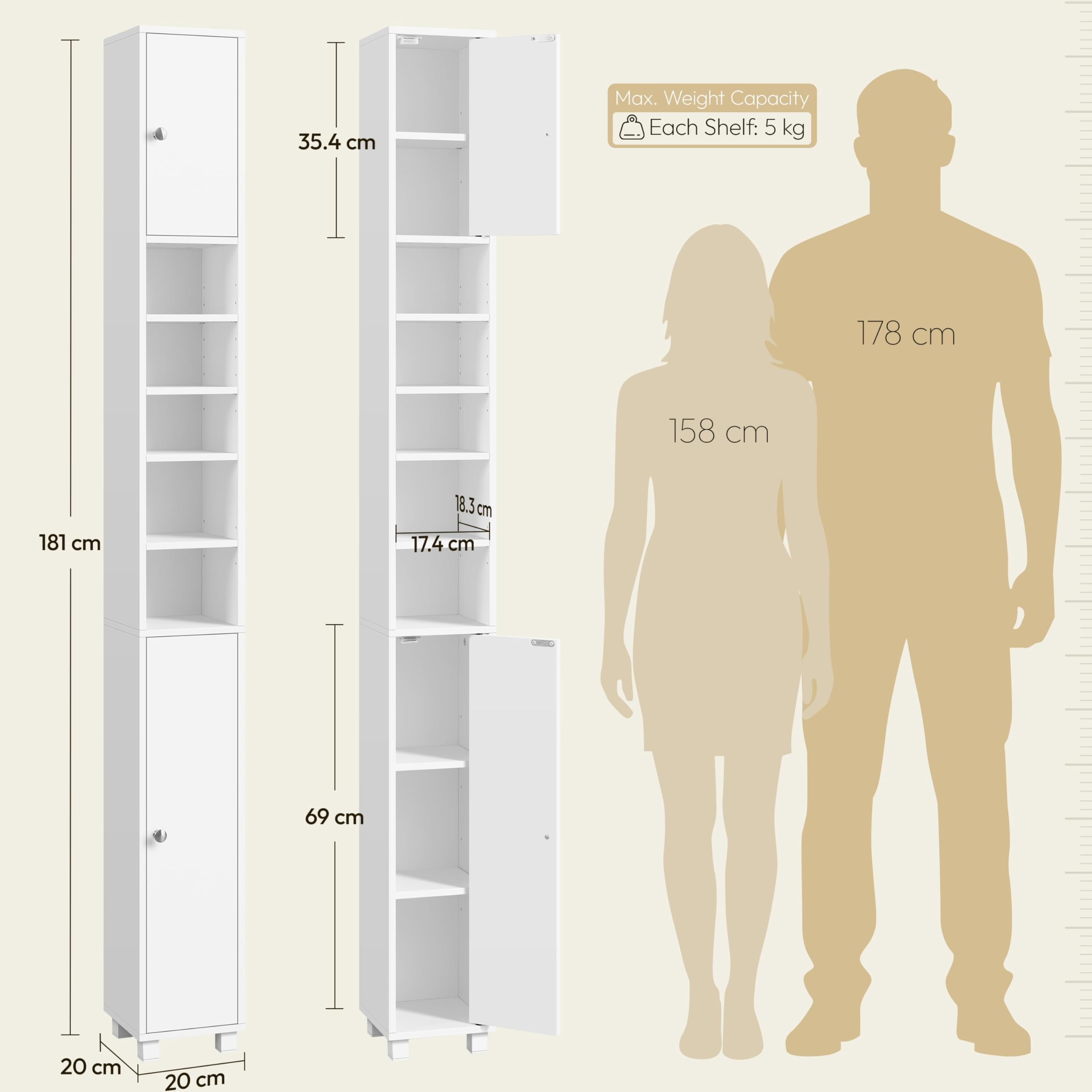 Yaheetech Mueble Columna de Baño Estrecho, Estanterías con 2 Puertas, Estantes Ajustables Espacio Abierto, Mueble Auxiliar de Almacenaje para Salón Dormitorio, 20x20x180cm, Blanco