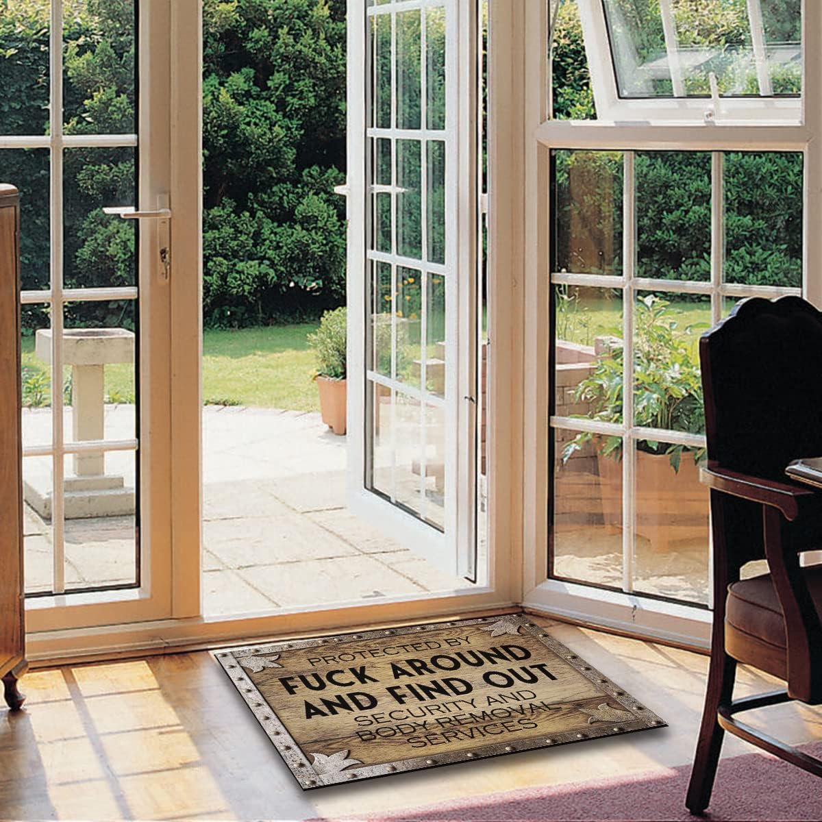 Protected by Fuck Around and Find Out Security and Body Removal Services Indoor Front Door Mat for Front Door Inside, Welcome Mats Outdoor Funny Door Mats Outdoor Welcome Mats 30"X18"