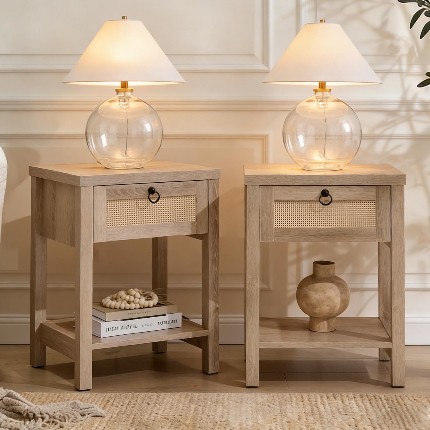 Rattan Night Stand Set of 2, Boho Bedside Table with Rattan Decor Drawer & Open Shelf, Farmhouse End Tables Bed Side Tables Accent Table for Bedroom Sofa Office