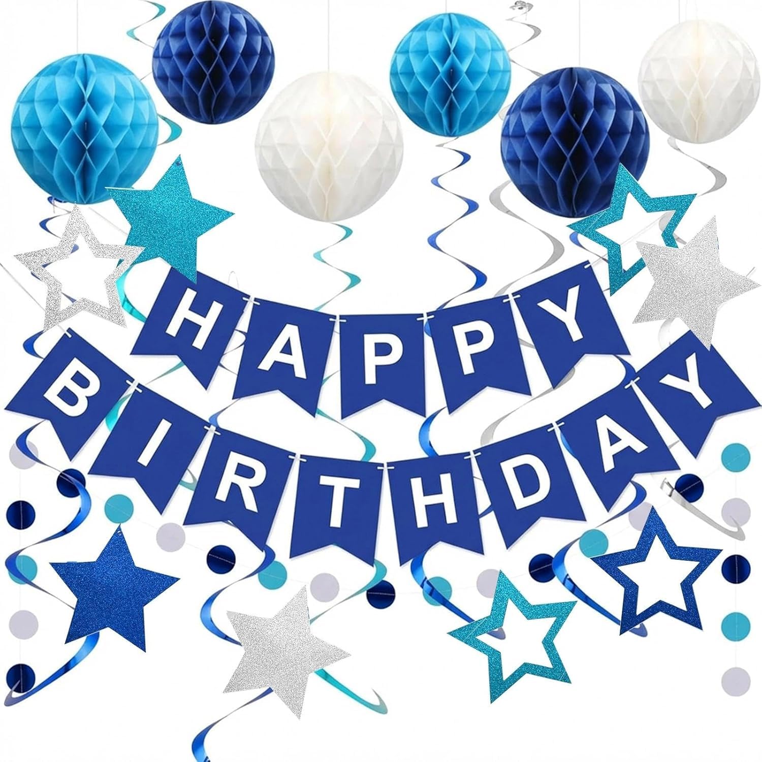 Blue Birthday Decoration Set - GiftGem Navy Banner with Honeycomb Ball, Star Hanging Swirls, Circle Dot Garland, Birthday Decorations for Women Men Boys