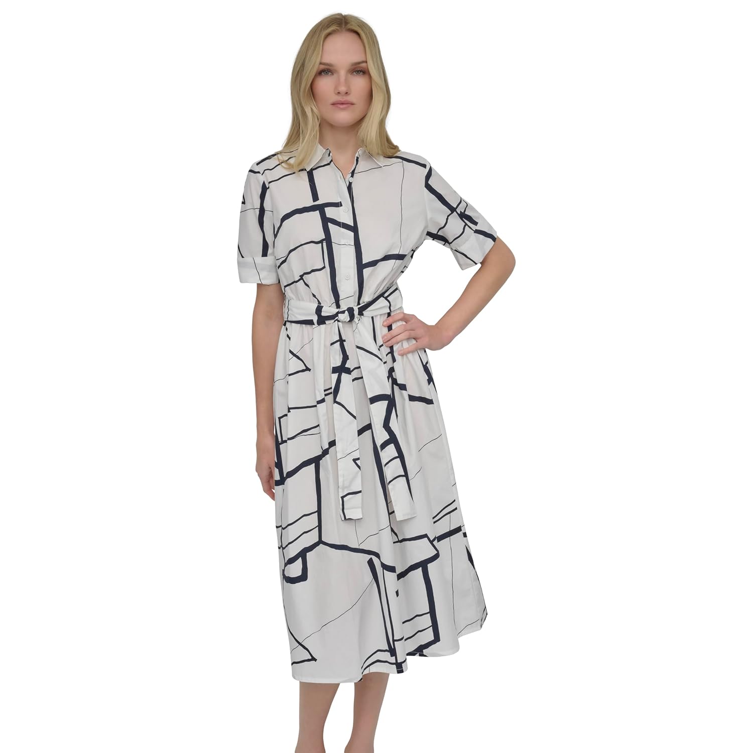 DKNY Women's Short Sleeve Cotton Poplin Collared Shirtdress