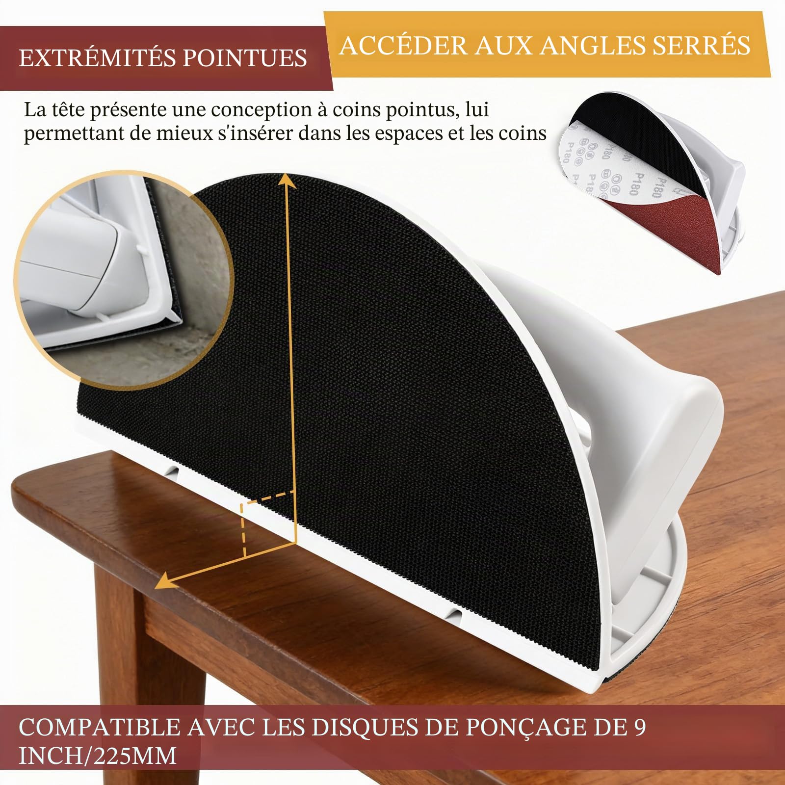 Ponceuse d'angle pour cloison sèche, outil de ponçage d'angle avec 12 disques de ponçage réutilisables de 22,9 cm pour nettoyage des murs et des coins (grain 120/180/240)
