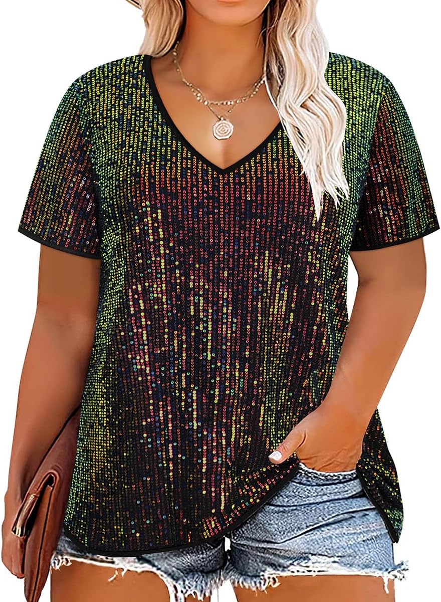 CARCOS Plus Size Sequin Top for Women Short Sleeve Party Blouse Evening Sparkle Shimmer V Neck Glitter Shirt Ladies XL-5XL