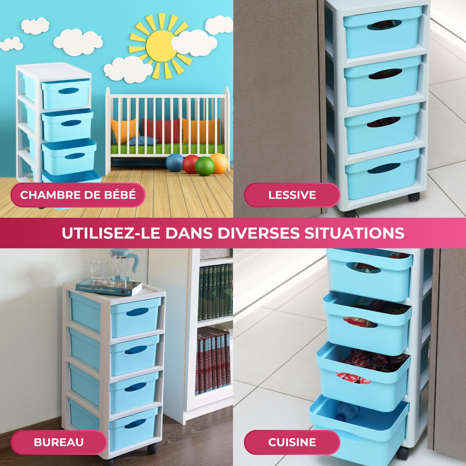 Meuble rangement enfant tour en plastique meuble ecole bac à roulettes boite tiroir empilable jouet bureau chariot a tiroirs colorés - Fabriqué en Europe