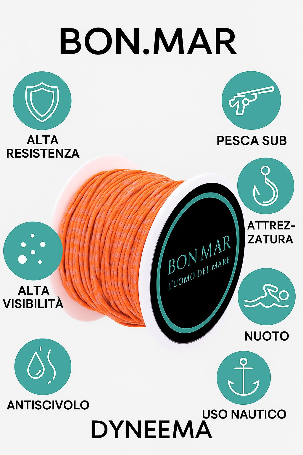 BON.MAR Sagola in Dyneema Rivestito SK75 Ø1.5mm – Bobina 50m Arancione Inserti Grigi – Alta Resistenza per Arbalete e Pesca Subacquea