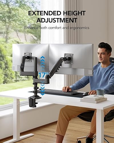 Miniatura 6 de HUANUO Soporte para monitor doble de 17 a 32 pulgadas, NITROGLIDE Soporte para monitor doble, soporte para monitor 2 monitores, inclinación
