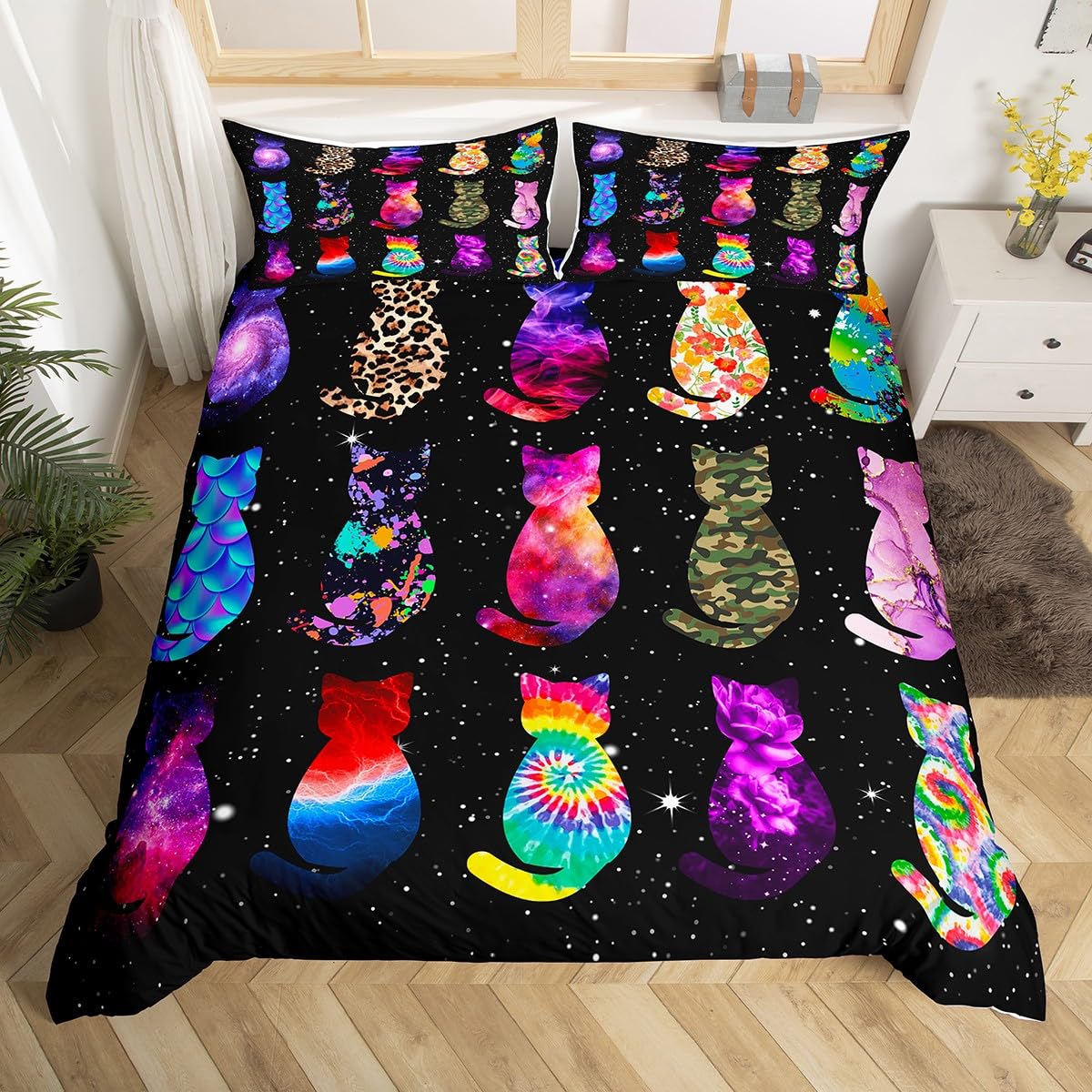 Manfei Cute Cats Duvet Cover Set Single Size, Cartoon Animal Theme Comforter Cover with 1 Pillowcase, Black Starry Sky Bedding Set 2pcs for Kids Boys Girls Bedroom Decor Galaxy Cats Bedspread Cover