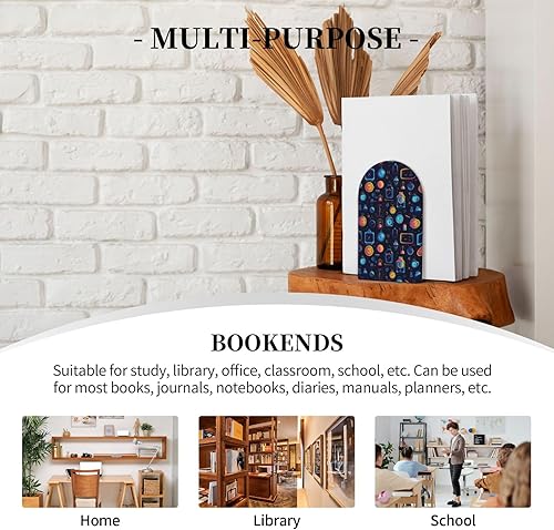 Miniatura 7 de Book Ends for Shelves 1 Pair - Neon Retro Clock Print Wood with Metal Base Bookends for Heavy Books, Book Stand Organizer Holder for Books Movies