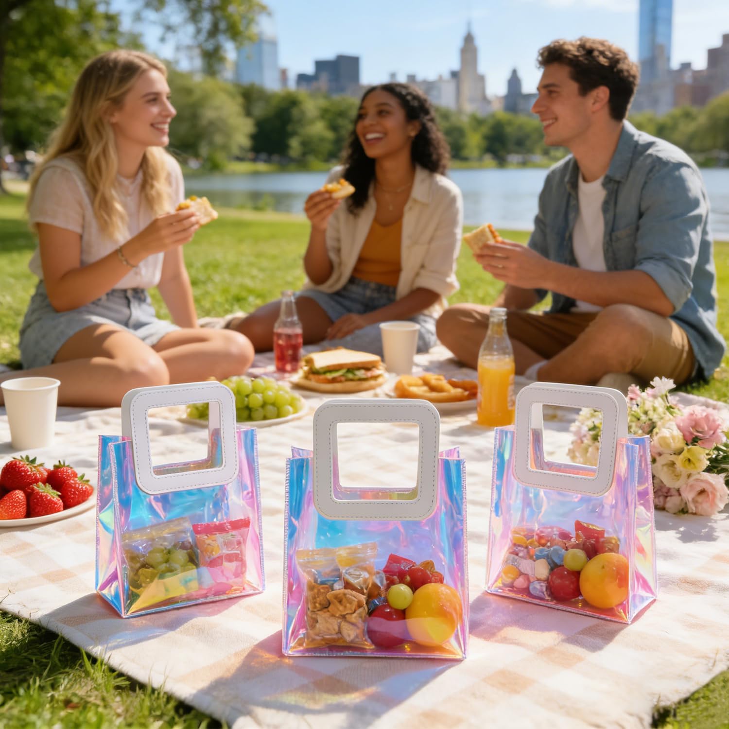 GcFoir 25 Pcs Reusable Holographic Small Gift Bags with Handle 8.3''x8''x4'' Iridescent Bachelorette Party Favor Bags Clear PVC Tote Goodie Bags for Shopping, Picnic, Baby Shower, Wedding, Holidays