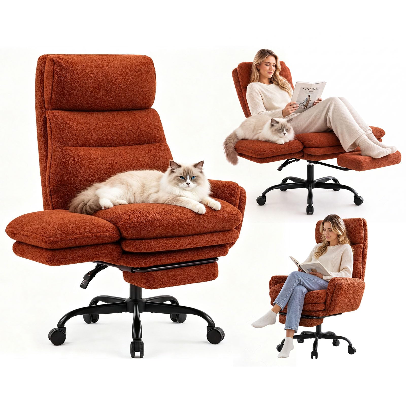 WUPY Office Chairs for Home, Desk Chair with Footrest, Height Adjustable Cross Legged Office Chair with Flip Armrests & Adjustable Reclining, Teddy Fleece Wide Seat Executive Chair for Work, Brown