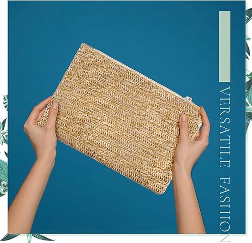 Miniatura 5 de Bolsa de mano de paja para mujer, 6 piezas, estilo bohemio, para verano, playa, bolso de paja tejido hawaiano, bolsos de paja para mujer, bolsos de