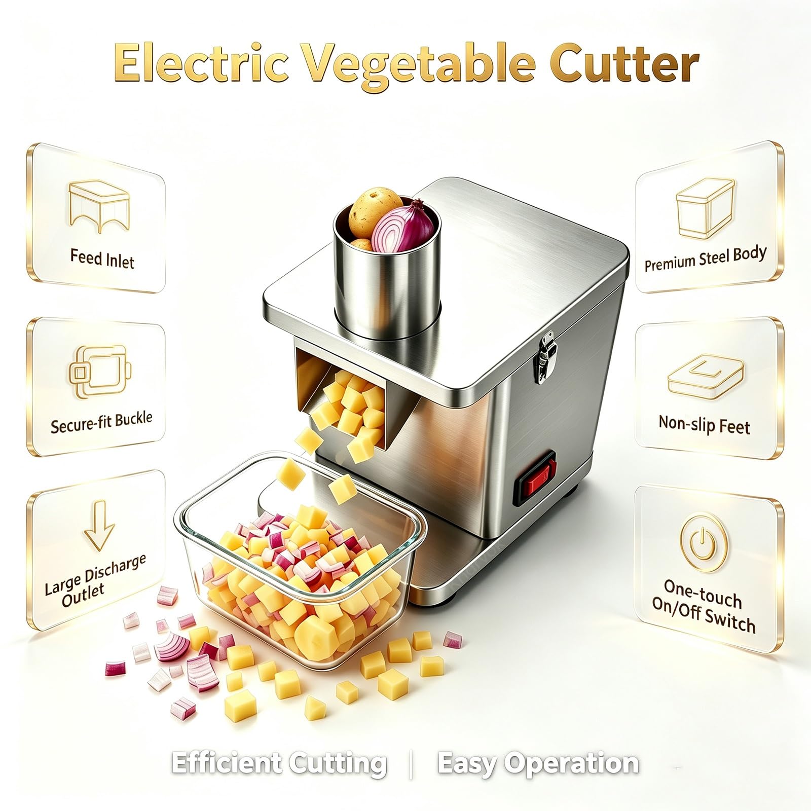 Elektrischer Gemüsezerkleinerer, 200 W, mit Schneiden, Raspeln und Würfeln. | Küchenmaschine, schneidet Zwiebeln, Kartoffeln, Karotten, bereitet Salate zu, ideal for private und gewerbliche Küchen.