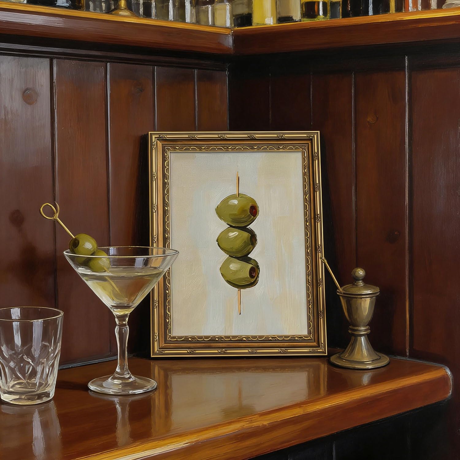 Gold Framed Wall Art Vintage Dirty Martini Olives Wall Art Retro Green Olives Cocktail Bar Cart Wall Decor Picture Summer Trendy Minimalist Kitchen Poster Print for Living Room Dining Room 9x11in — view 8