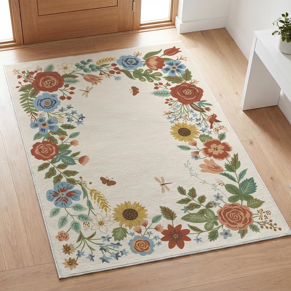 Artoid Mode Beige Sunflower Floral Spring Area Rug, Summer Home Decor Low-Profile Non-Slip Washable Large Rug for Living Room Bedroom Farmhouse Dining Room Kids Playroom 5x7 Feet