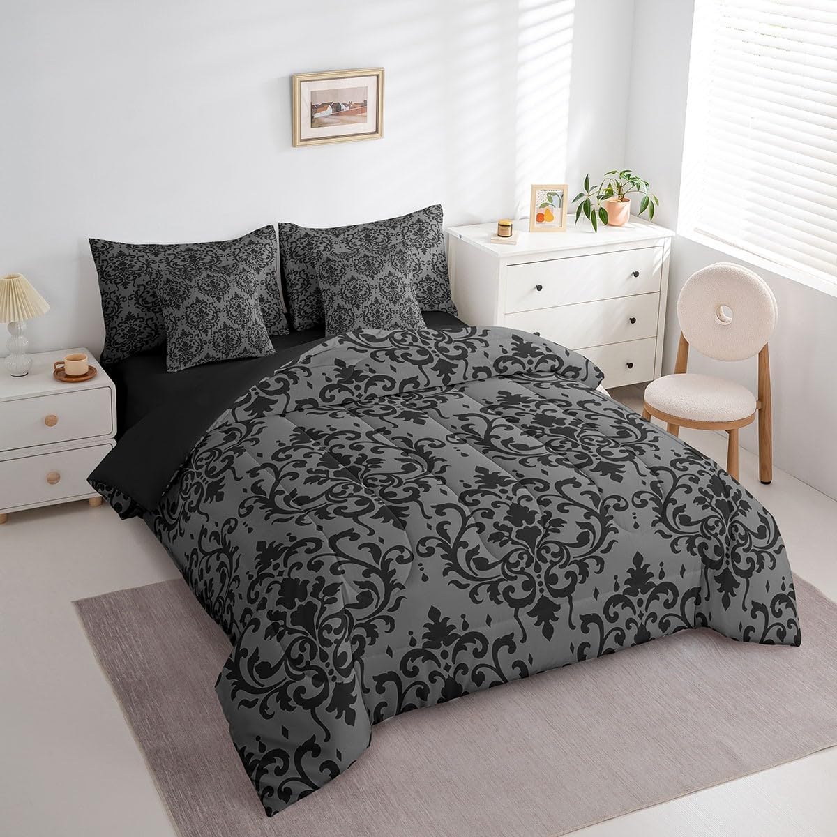Erosebridal Damask Comforter Set Queen,Antique Elegant Floral Bedding Set for Kids Teens,Exotic Bohemian (Comforter+Fitted+Flat Sheet+2 Pillowcases+2 Throw Pillow Covers) 7 Pieces Bed Set,Black Grey
