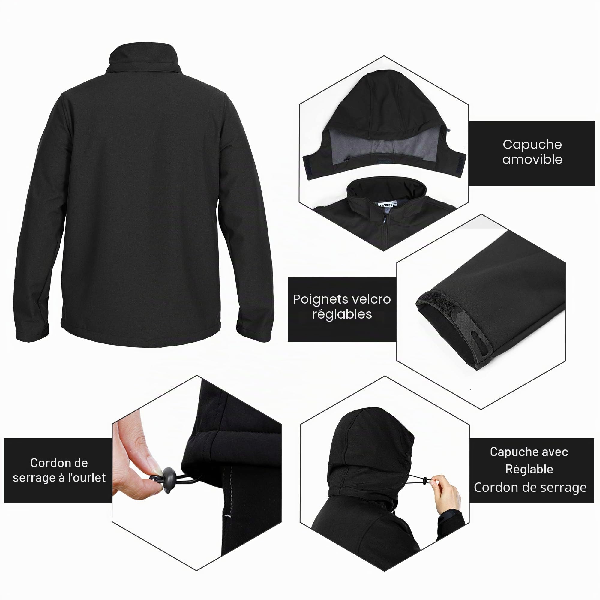 33,000ft Veste Softshell pour Hommes, D'hiver Manteau Chaude Coupe-vent Imperméable avec Chapeau Détachable pour la Randonnée, le Camping