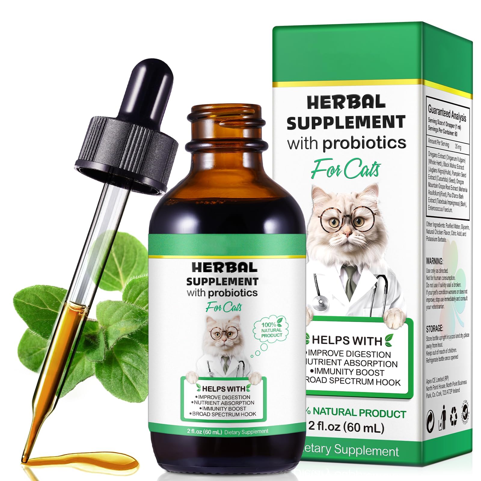 Tamiodfo Katzen Kräuterliche Ergänzungen Tropfen Unterstützt Darmgesundheit, Verdauung und Immunität - 60ml