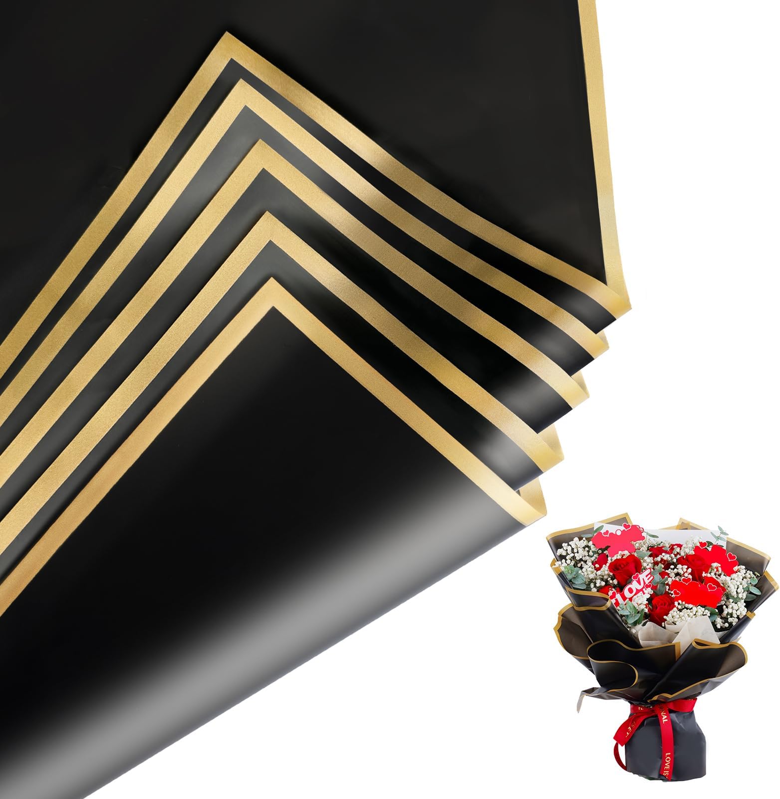 Duyasurs 20 Sheets Floral Wrapping Paper, Waterproof Bouquet Wrapping, 22.8x22.8IN, Florist Supplies Packaging Paper, DIY Gift Box, Wedding & Birthday Gifts, Gold Edge (Black)